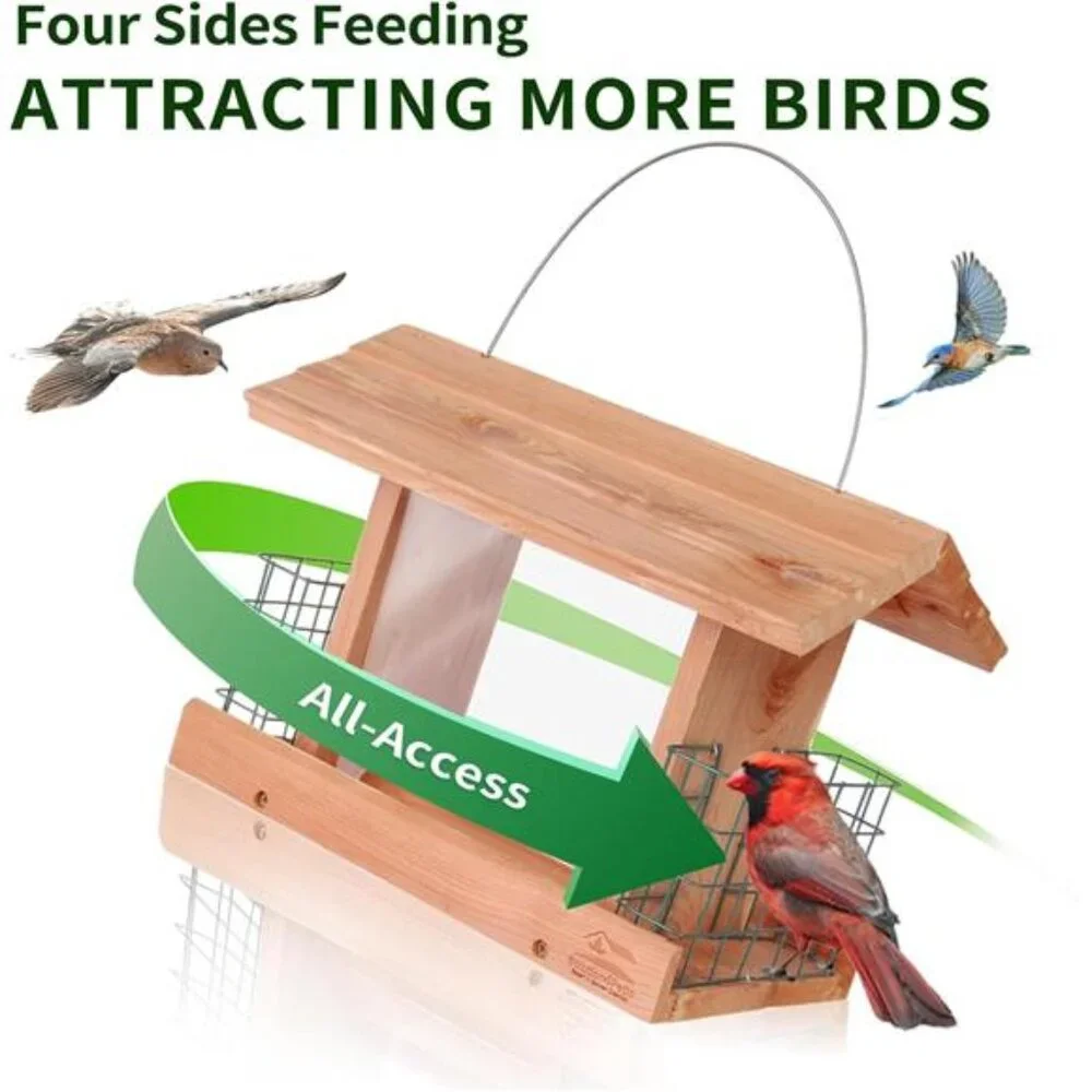 US Cedar Hopper Bird Feeder for Outdoors Hanging, Handcrafted Wood